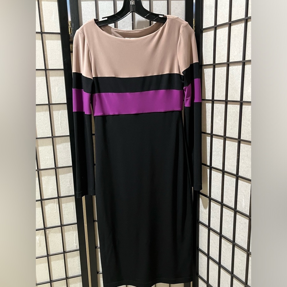 DONNA MORGAN Colorblock Long Sleeve Sheath Dress - Black, Mauve & Purple SIZE 4